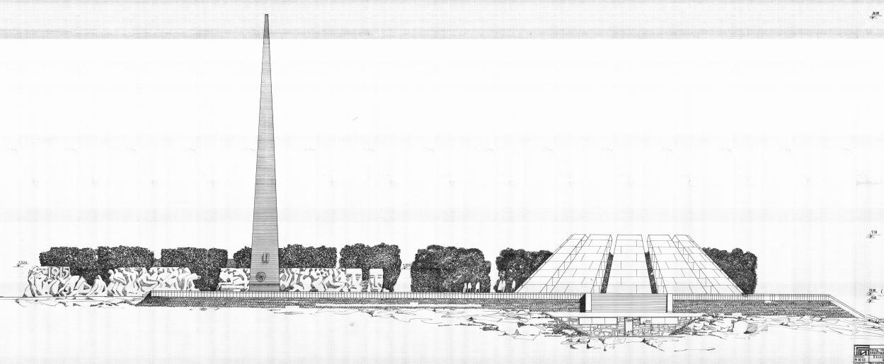 Mémorial au Génocide arménien d'Artur Tarkhanian et Sachour Kalachian livré en 1967 à l'occasion du cinquantenaire des commémorations. Élévation. Archives nationales d'Arménie